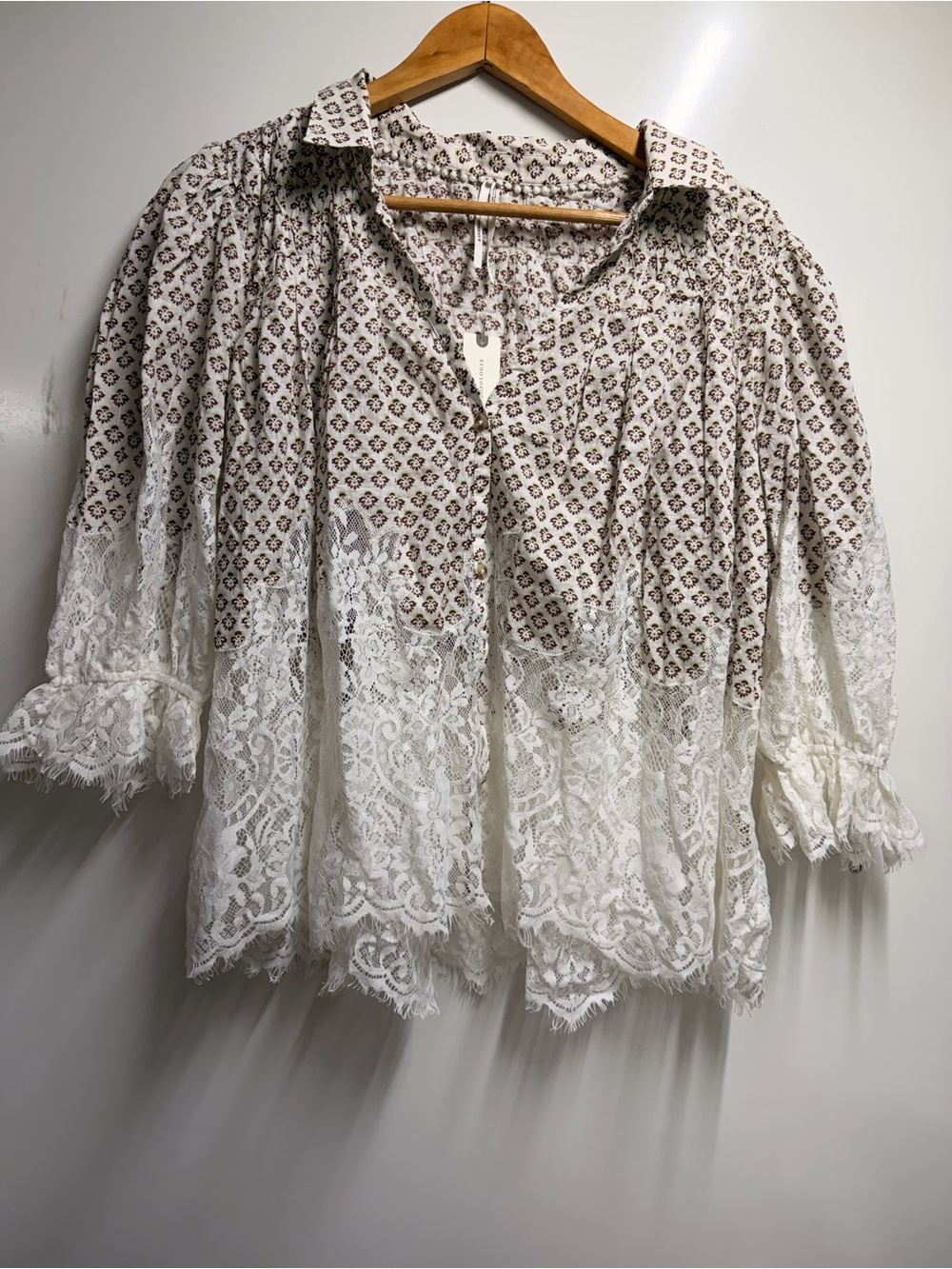 Anthropologie 100% Cotton Brown/White Victorian Sheer Lace Blouse Top Large - Picture 4 of 9